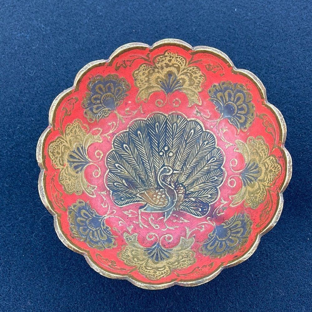 Enameled Brass Peacock Bowl Vintage India Scalloped Pedestal Dish